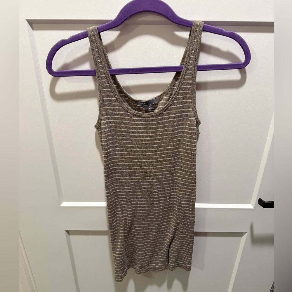 Vince Striped Tank Top Size Large Brown White Sleeveless Scoop Neck Knit